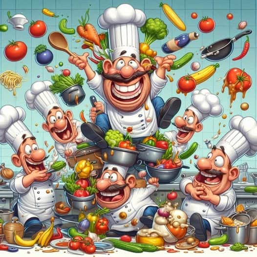 Chef con cappello che cucina con molti ingredienti colorati e utensili.