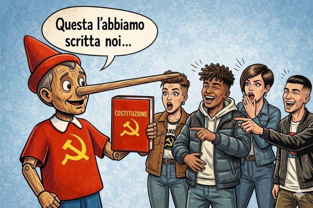 Rappresentazione di una figura con il naso lungo che mostra un libro sulla costituzione a giovani st.